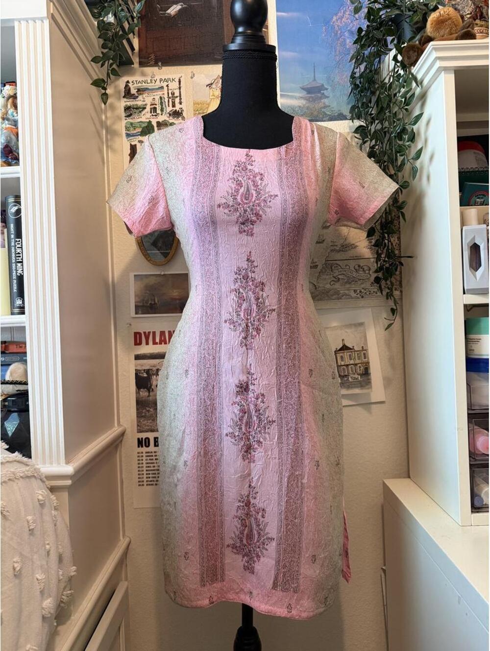 Pink Sage Green Paisley Crinkle Midi Dress